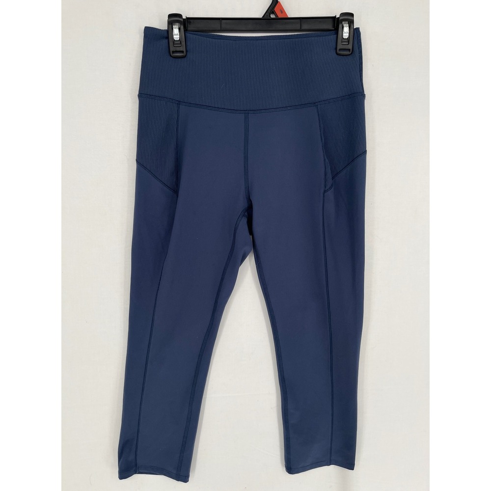 RBX Active Leggings Womens Medium Ribbed Waistband Pockets Cropped Navy Blue